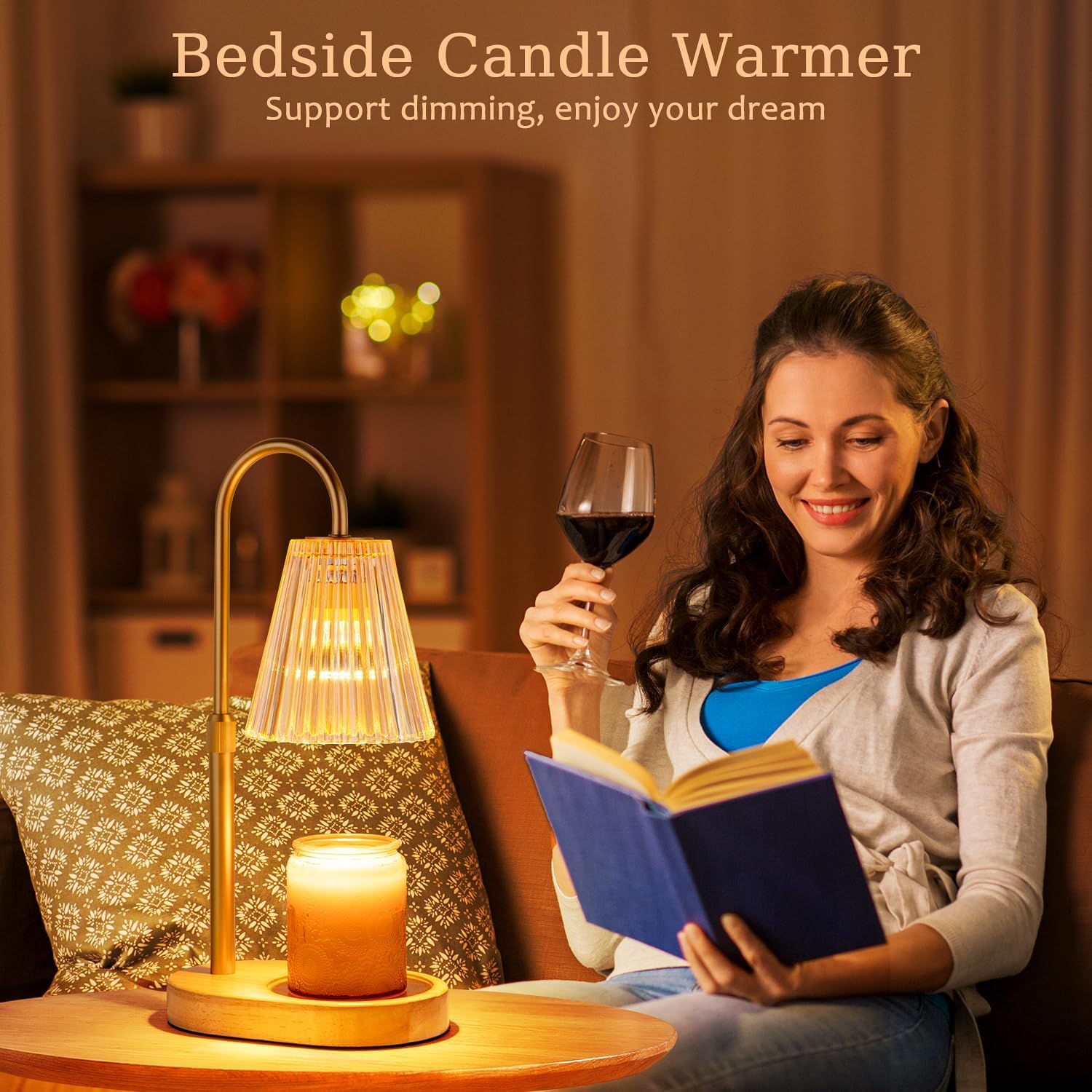 Candle Warmer Lamp with Timer: Electric Candles Wax Warmers Glass Lamps for Jar Candles Burner Adjustable Height and Dimmable Light Modern No Flame Scented Candle Warming Lantern, Amber