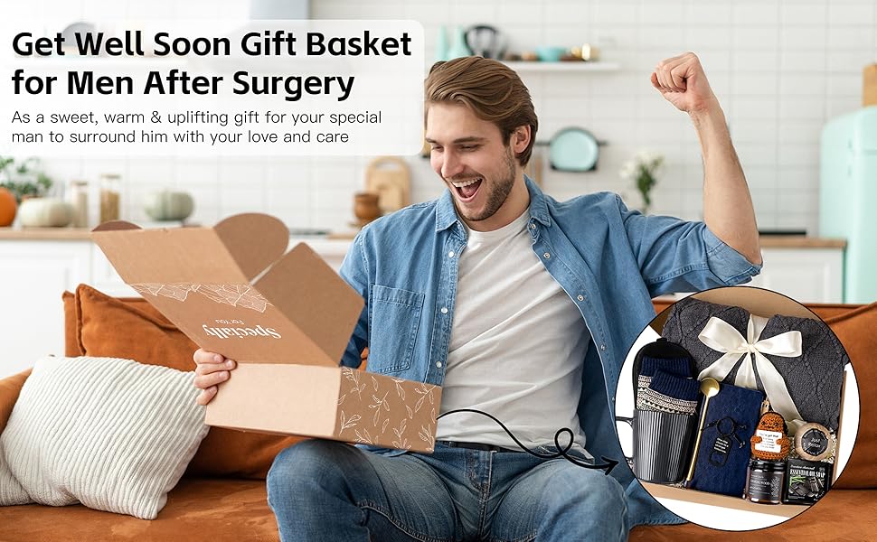 Get Well Soon Gift Baskets for Men, Christmas Birthday Gifts Basket for Man, Self Care Package with Plush Blanket Mug Socks, Thinking Of You/After Surgery/Sympathy Gift for Men Dad Brother Husband
