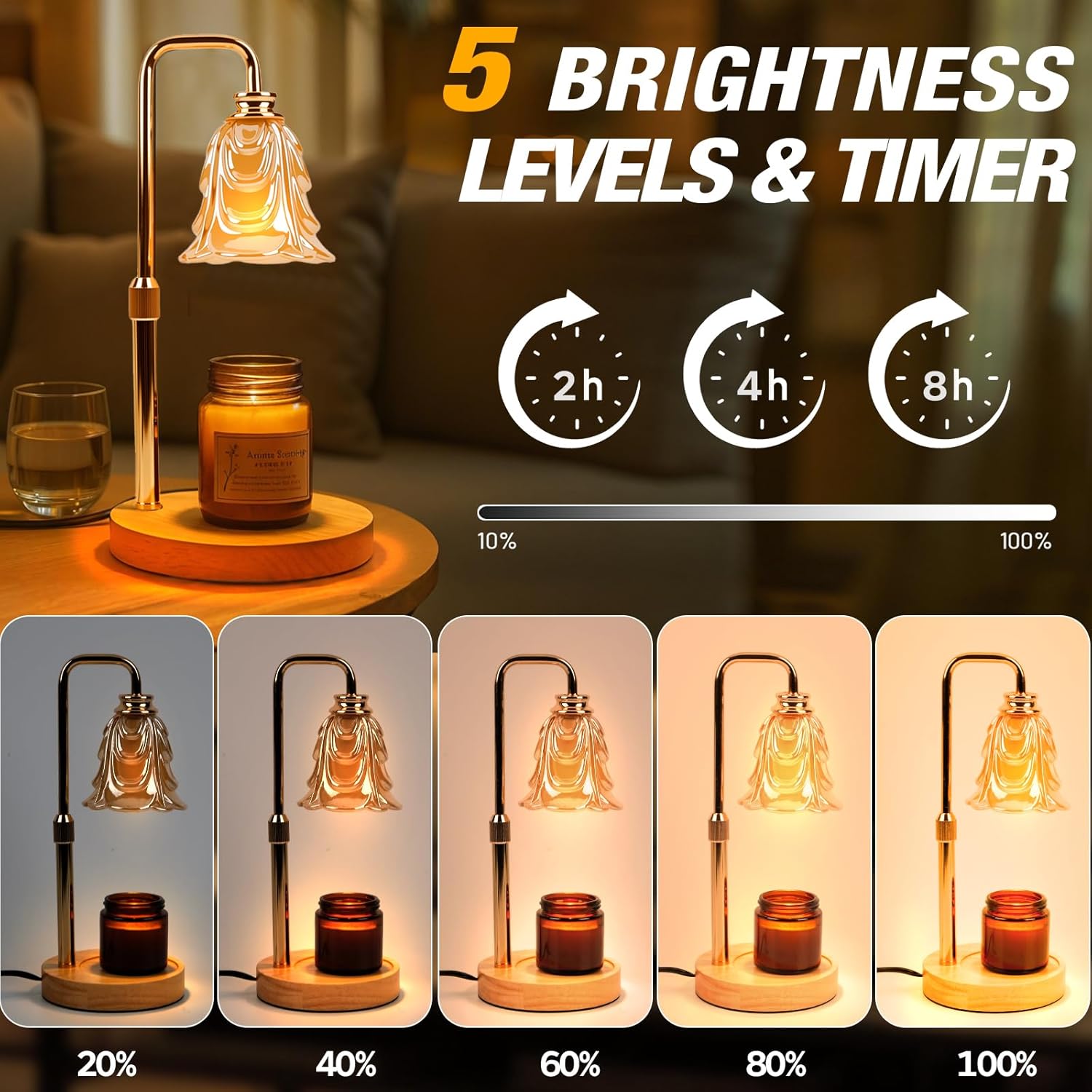 Candle Warmer Lamp with Timer and Dimmer, Electric Wax Warmers for Scented Candles with 5 Brightness Settings, Anti-Glare Lamp with Adjustable Height, Home Decor, Gift for Christmas, Birthday
