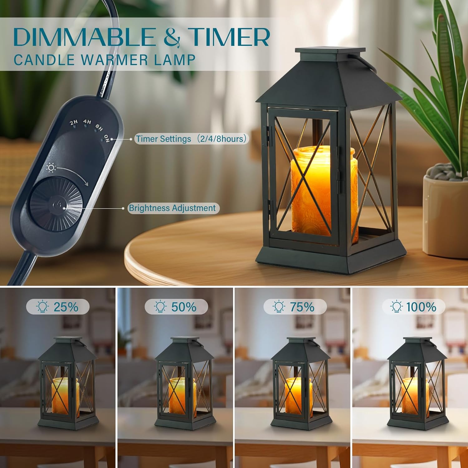 Candle Warmer Lamp with Timer,Compatible with 3 Wick Candles/Large Candel Jars,Vintage Lamp Candle Warmer Lantern,Dimmable Candle Lamp Warmer Farmhouse,Fully Enclosed Designed and Hanging Up-Black