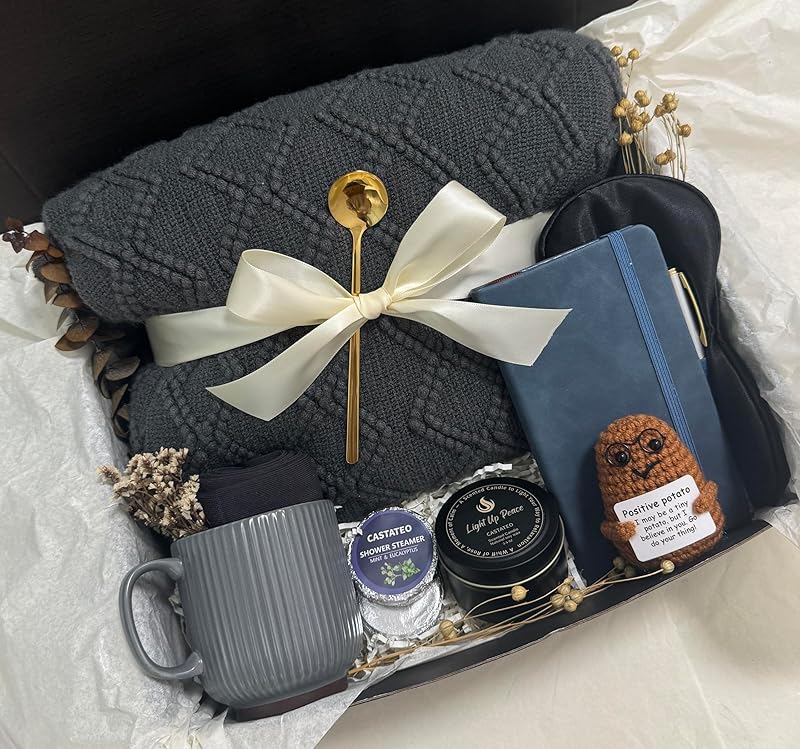 Get Well Soon Gift Baskets for Men&Women- Self Care Package/Brithday - After Surgery, Sympathy Gifts for Loss of Loved One, Thinking of You/ Grief /Bereavement /Miscarriage Gifts (Grey & Navy Blue)