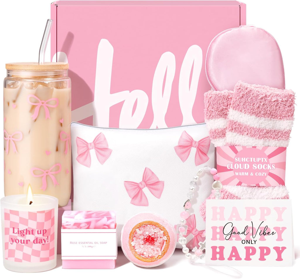 Gift Baskets for Women, 9pcs Birthday Gifts for Teenage Girls, Best Christmas Ideas Box w/Coquette Bow Aesthetic Cup Trendy Stuff for Her Teen Girl Sister Friend Friendship Sweet 16th 18th 21st Bday