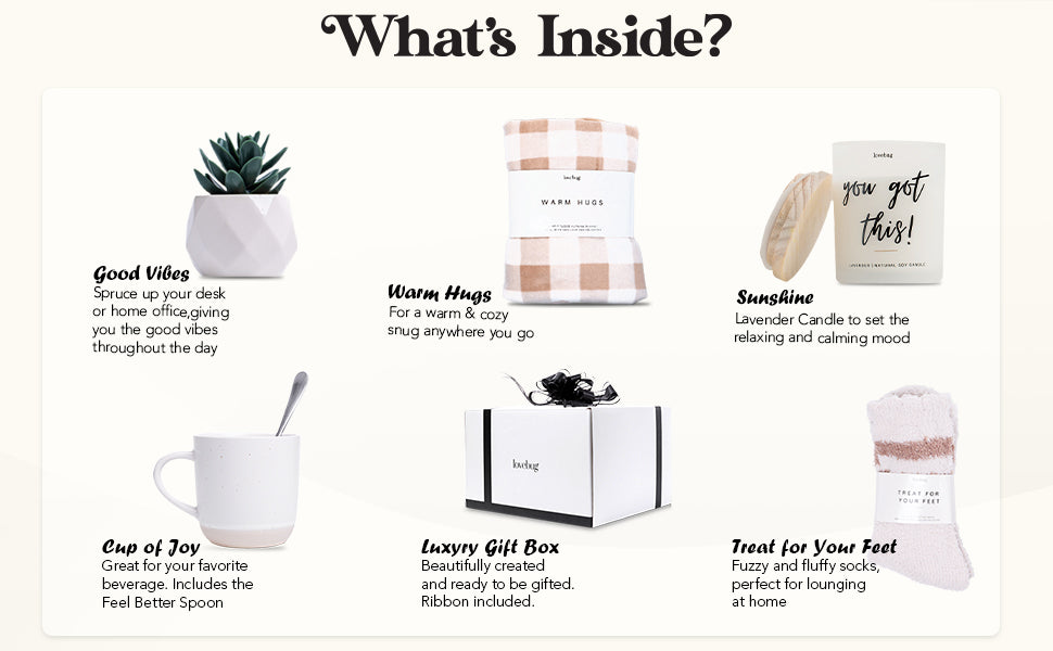 lovebug Get Well Soon Gift Basket for Women – After Surgery Gifts, Feel Better Care Package with Blanket, Candle, Socks, Mug, Spoon, Succulent – Thinking of You Self Care Gifts for Women Basket